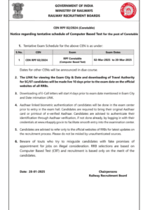 RPF Constable Exam City 2025