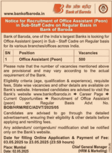 Bank of Baroda Office Assistant Vacancy 2025