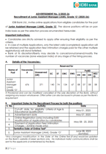 IDBI Junior Assistant Manager Vacancy 2025