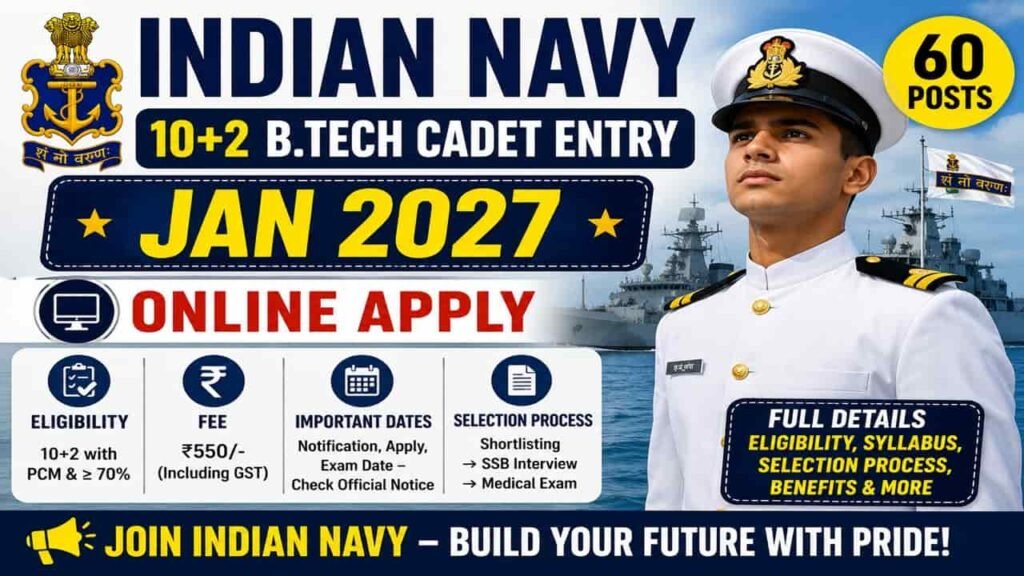 Indian Navy 10+2 B.Tech Cadet Entry Jan 2027